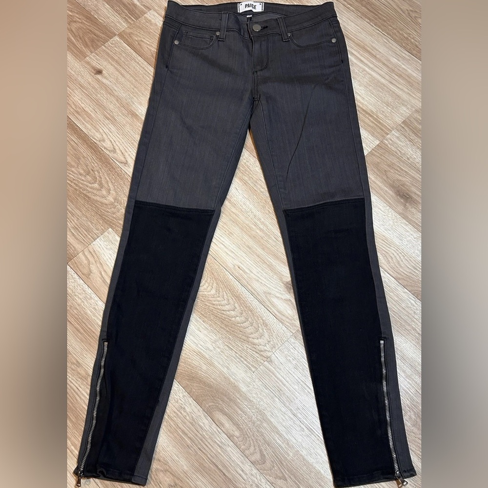 Paige Cara Color Block Black Gray Zip Cuff Ultra Skinny Jeans in Concrete Sz 26